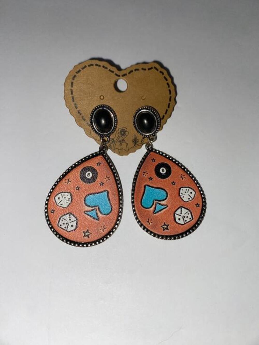 Western Casino Themed Faux Leather Teardrop Earrings